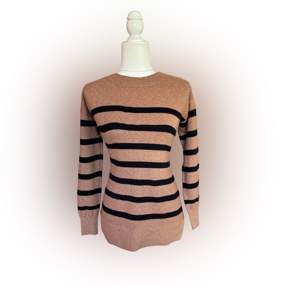 LOFT Tan & Black Striped Shoulder Button Sweater XS Classic Crewneck Knit